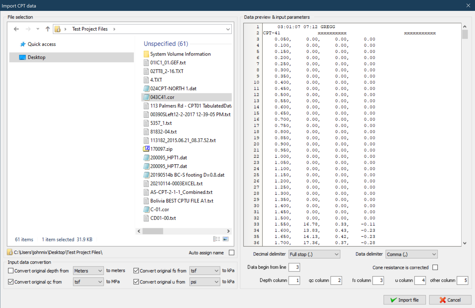 Data import dialog